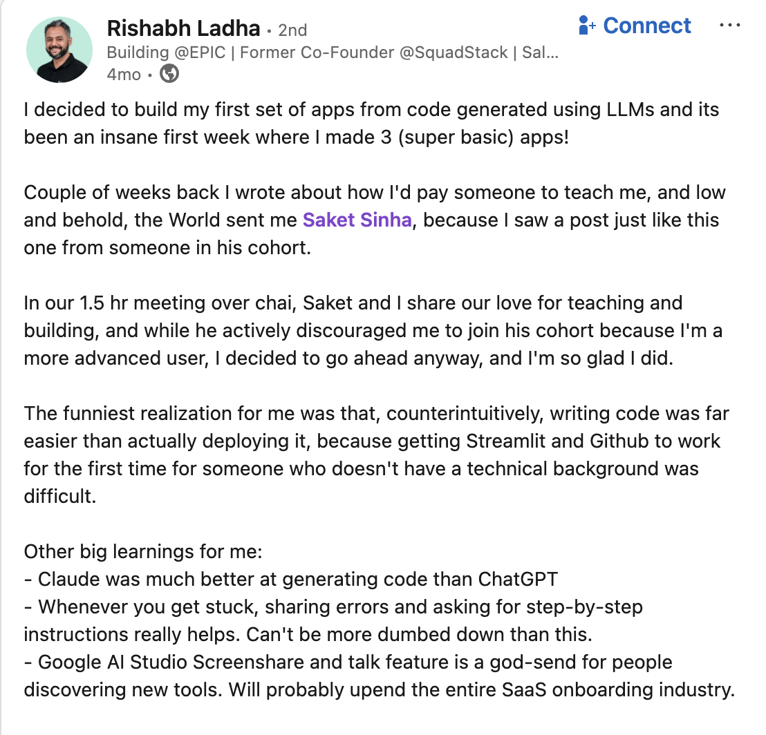 Rishabh's LinkedIn post